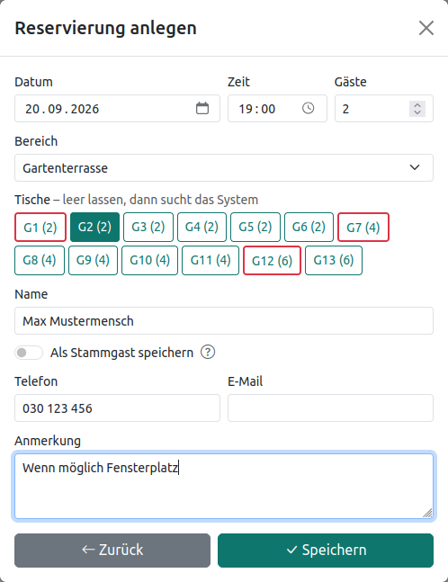 Formular zum Eintragen einer Reservierung