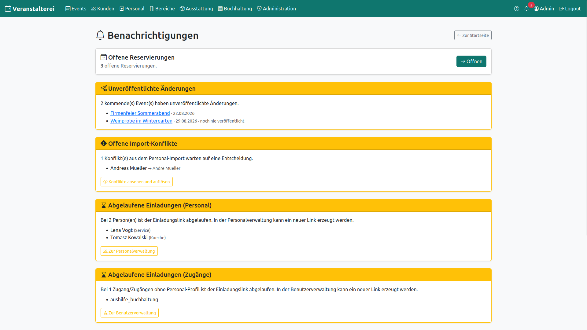 Verschiedene Einträge in der Glocke