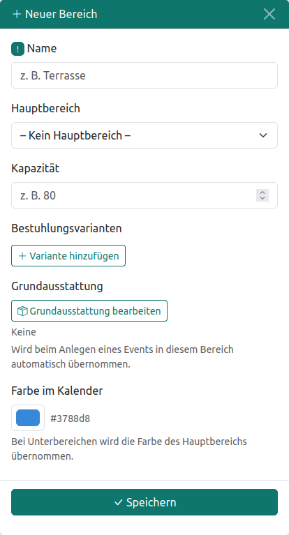 Formular zum Anlegen eines Bereichs