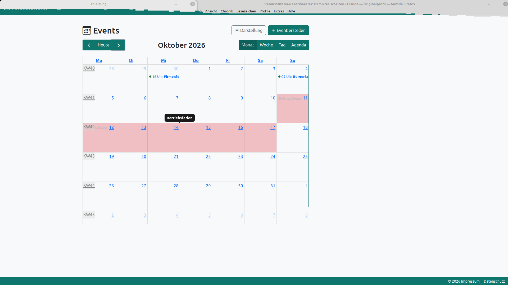 Schließzeit im Kalender