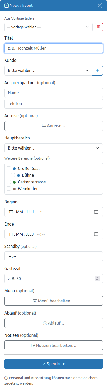 Sidebar mit Formular zum Erstellen eines Events