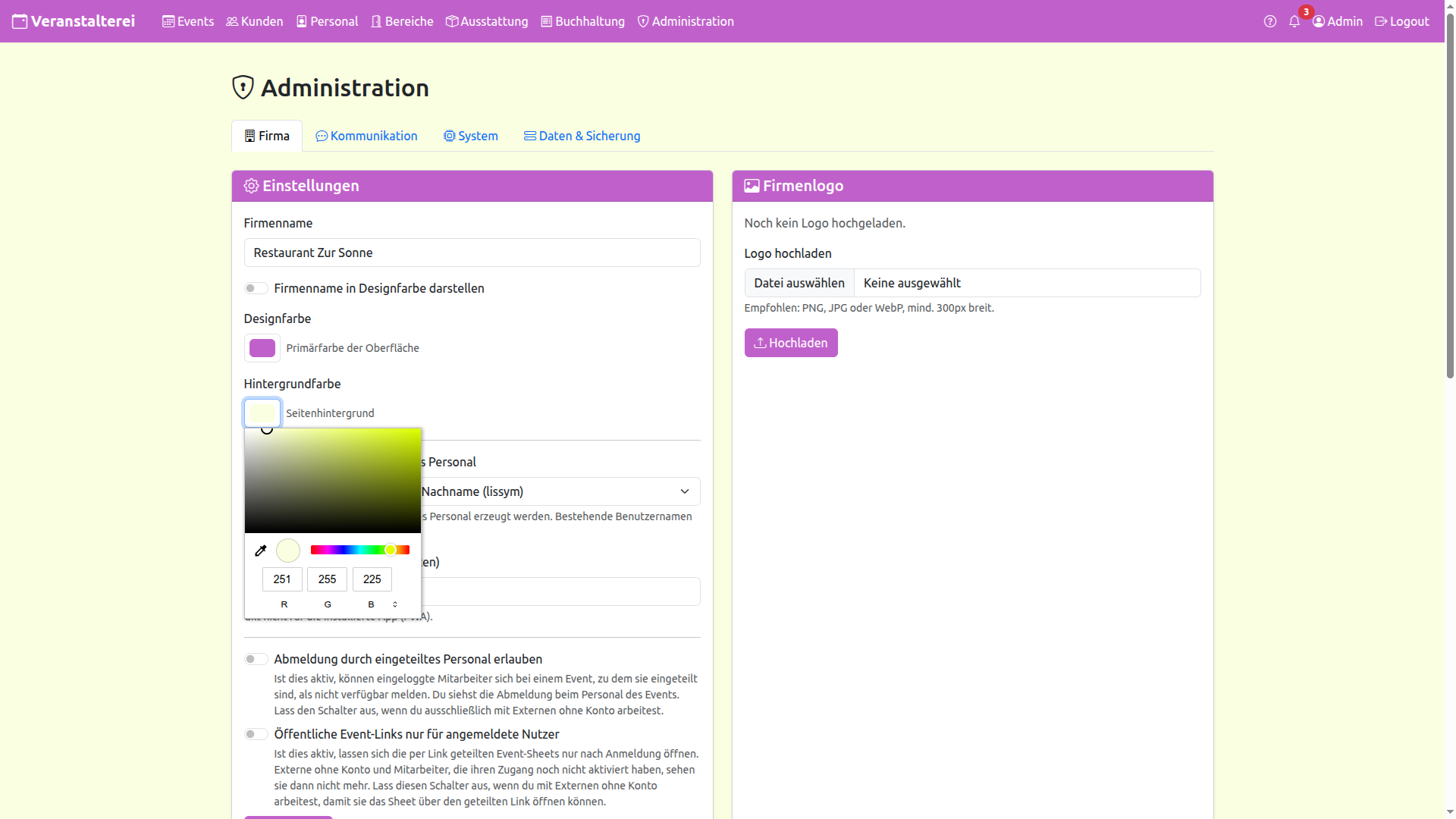Design- und Hintergrundfarbe wählen