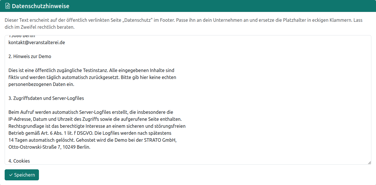 Impressum- und Datenschutztext bearbeiten