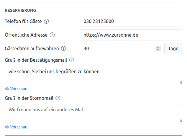 Abschnitt Reservierung im Reiter Firma