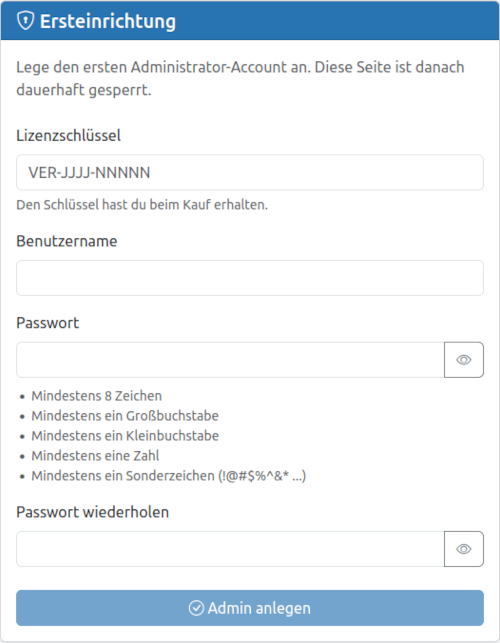 Ersteinrichtungsformular mit Lizenzschlüssel und erstem Admin-Account