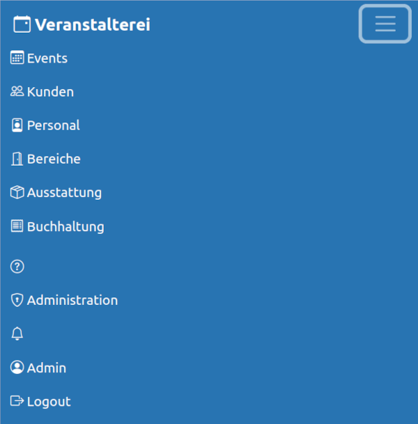 Hauptnavigation von Veranstalterei mit allen Menüpunkten