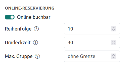 Der Abschnitt Online-Reservierung in der Bereichs-Sidebar