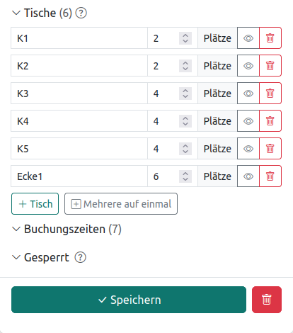 Tischliste mit Namen und Platzzahlen
