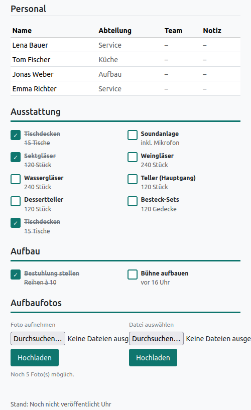 Event-Sheet in der App, unterer Teil