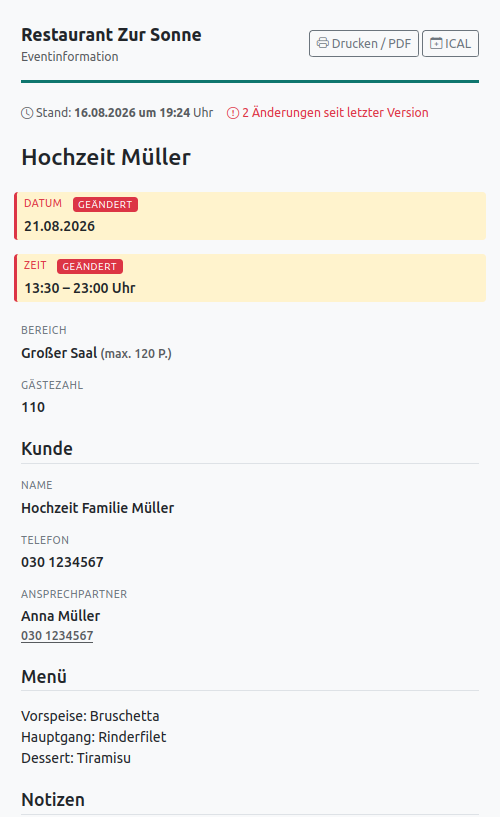 Event-Sheet in der App, oberer Teil