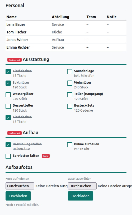 Event-Sheet in der App, unterer Teil