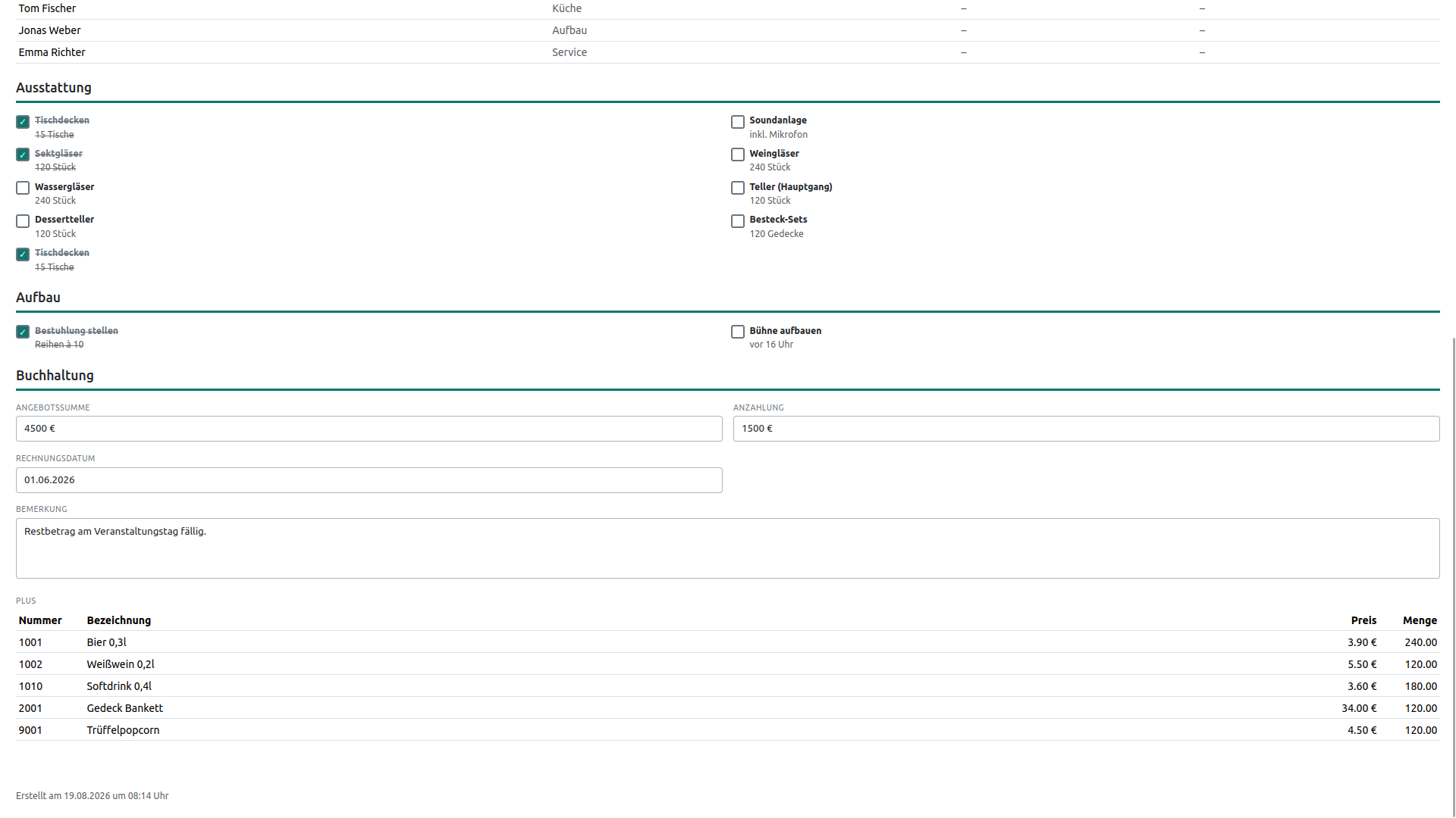 Das Function Sheet in der druckbaren Ansicht