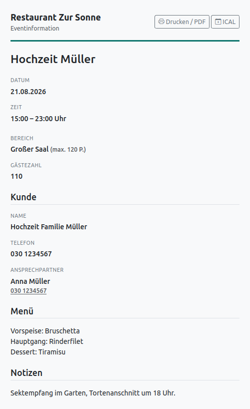 Event-Sheet in der App, oberer Teil